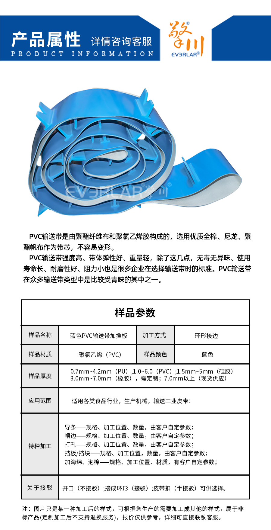 藍(lán)色PVC<a href='http://www.sdk35696.cn/shusongdai/' target='_blank'><u>輸送帶</u></a>加擋板