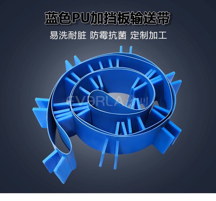 藍(lán)色PU<a href='http://www.sdk35696.cn/shusongdai/' target='_blank'><u>輸送帶</u></a>加擋板