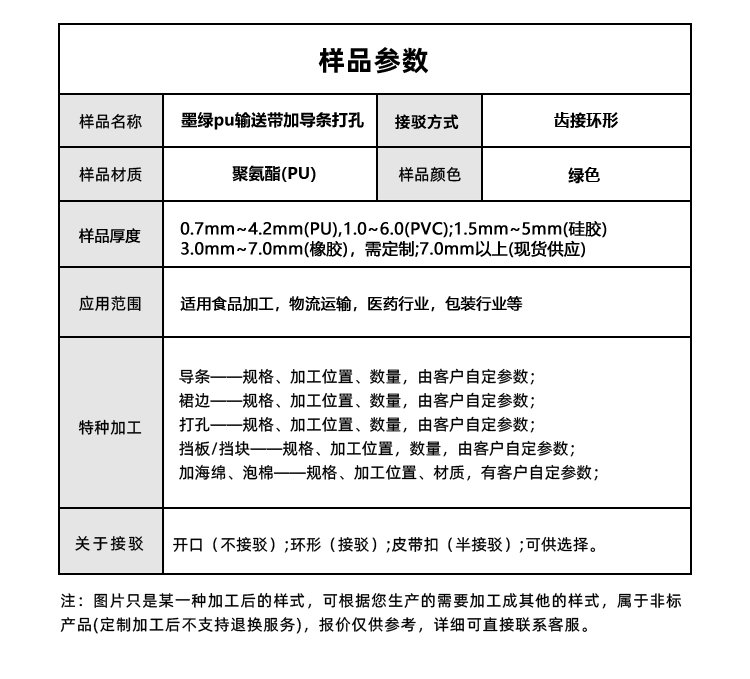 墨綠PU輸送帶加導條打孔